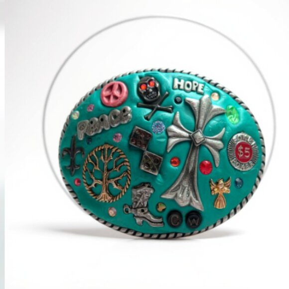 One-of-a-Kind Handcrafted Clay Belt Buckle Peace Skull Cross Vegas Hippie main image 9